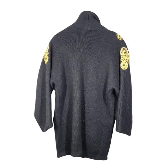 Vintage 90s Black With Gold Beading and Embroidered‎ Long  Cardigan Heavy Medium - Picture 2 of 5